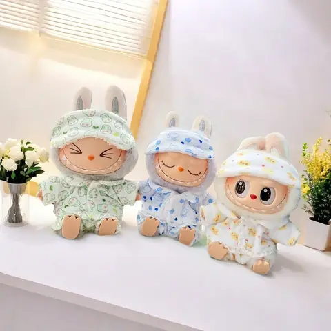 Labubu 미니 인형 의류 세트 - 17cm 아이돌 운동복, 하트 비트 까마귀 청바지 포함 18 15cm/17cm Labubu I II 인형 옷 귀여운 눈 마스크 잠옷 3 피스 세트 액세서리 의류 봉제 인형 의류