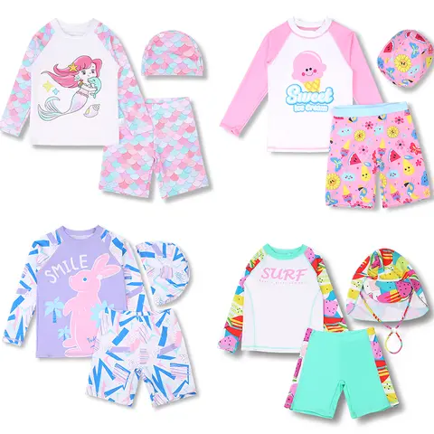 어린이용 긴 소매 러쉬가드 수영복 - UPF50 자외선 차단 티셔츠와 바지 세트 14 3 Pcs 새 여자 수영복 태양 보호 UPF 50 + 긴 소매 수영 트렁크 Sunsuit 모자 분할 수영복 어린이