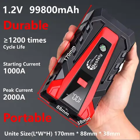 자동차 배터리 점화기 및 비상 전원 키트 - 12AWG 점퍼 케이블 스타터, Milwaukee 및 Dewalt 전동 공구 호환 21 3000A 비상 자동차 점프 스타터 12V, 99800mAh 보조베터리(LCD 디스플레이 및 안전 해머 포함), 트럭/RV용 휴대용 배터리 부스트