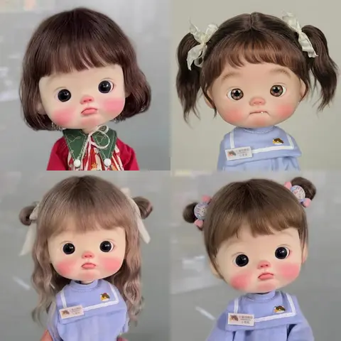 Labubu 미니 인형 의류 세트 - 17cm 아이돌 운동복, 하트 비트 까마귀 청바지 포함 17 Blyth 인형 가발 부드러운 물결 모양의 곡선 공기 앞머리 긴 머리 짧은 머리 큰 크기 머리 인형 DianDian 가발 9-10 인치에 대한 높은 포니 테일