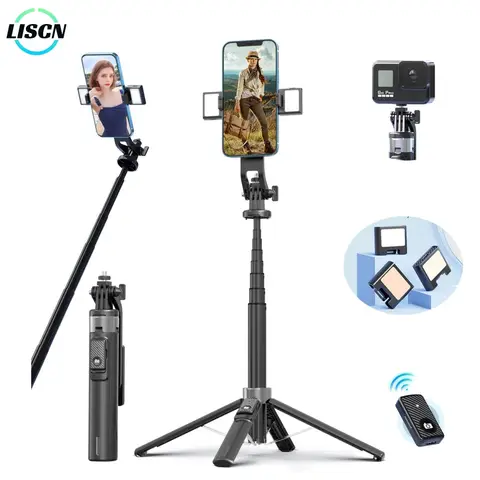 LISCN 1.35M 셀카봉 삼각대 360도 조절 가능한 쿼드립(비디오 녹화용 원격 알루미늄 합금 전화 홀더 포함)