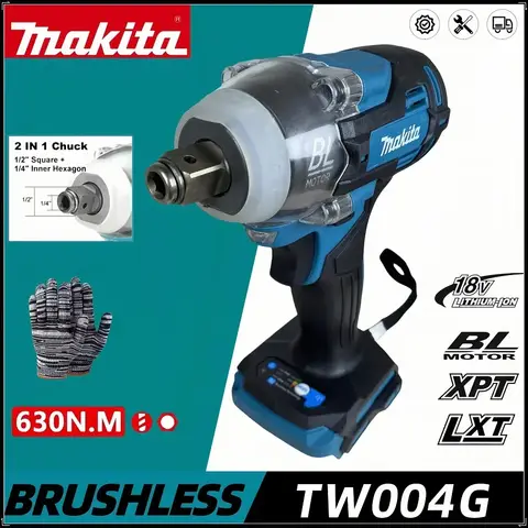 18V Makita 배터리 호환 브러시리스 전기 임팩트 렌치 - 520N.m 무선 드라이버, LED 조명 포함, 전문 수공구 16 Makita TW004G 무선 렌치 18V 브러시리스 전기 임팩트 렌치 1/2 인치 차량 서비스 도구 18V 배터리 충전식