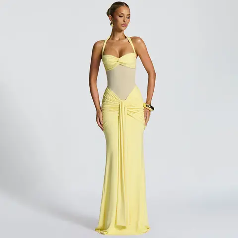 Mozision Halter Backless 섹시한 맥시 드레스 여성 패션 패치 워크 오프 숄더 민소매 Ruched Draped Bodycon Club Party Dress