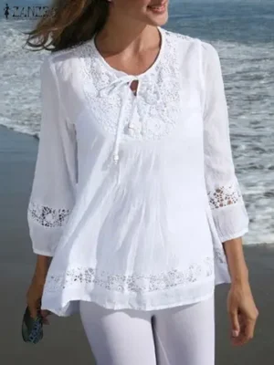 가을 겨울 우아한 여성용 V넥 레오파드 패턴 긴팔 블라우스 - 캐주얼 루즈핏 16 Womens Lace 패치 워크 블라우스 ZANZEA 2025 여름 보헤미안 캐주얼 3/4 슬리브 블라우스 셔츠 캐주얼 할로우 아웃 튜닉 탑 비치