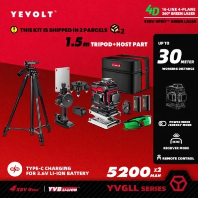 YEVOLT 산업용 16라인 레이저 레벨 YVGLL4XS16 배터리 부족 경고 삼각대 스레드(1/4