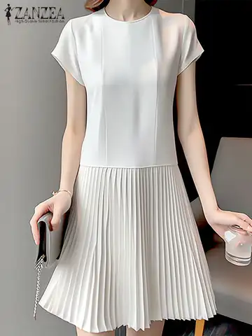 ZANZEA 여성 Pleated 롱 드레스 여름 우아한 짧은 소매 Vestidos 2024 솔리드 라인 미디 드레스 캐주얼 라운드 넥 짧은 가운