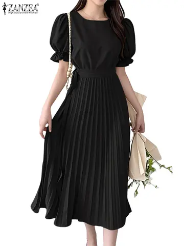 ZANZEA 짧은 퍼프 슬리브 우아한 가운 Femme Office Womens o 넥 통근 A 라인 미디 베스 티드 우아한 타이 허리 플리츠 드레스