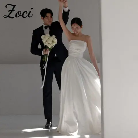 Zoci 심플 원 숄더 한국 웨딩 드레스 - 스트랩리스 새틴, 맞춤형 웨딩 사진 촬영용 오픈 백 신부 피로연 원피스 15 Zoci 심플 스트랩리스 한국 웨딩 드레스, 맞춤형 A 라인 태피터 포멀 파티 가운, 사진 촬영 민소매 신부 원피스