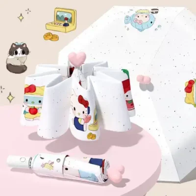 산리오 헬로 키티 블루 자동 접이식 파라솔 - 만화 디자인, 비와 햇볕을 동시에 방어하는 이중 용도 우산 1