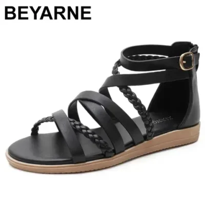 BEYARNE 여성용 플랫 샌들 - 부드러운 가죽 직조, 크로스 스트랩 디자인, 커버 힐 지퍼, 사이즈 36-42 1