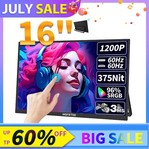 HGFRTEE 16인치 터치스크린 휴대용 모니터 - 16:10 비율, 96% sRGB, 350 Cd/m² 밝기, 홀더 스탠드 포함, 노트북용 보조 화면 (Type-C 및 HDMI 호환) 1 모니터 | 보조 화면