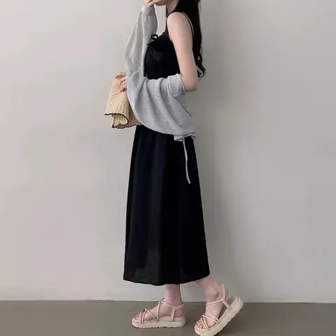 여성용 비대칭 A라인 미디 데님 원피스 - 큰 주머니, 버튼 디테일, 여름 블랙 14 세련된 한국 스타일 Strapl 높은 허리 롱 드레스 여성 슬리밍 비치 가운 부드러운 달빛 울트라 동화 흰색 드레스