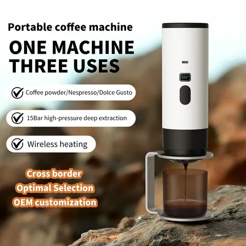 5 in 1 전기 커피 메이커 휴대용 우유 차 기계 우유 Frother 자동 차 메이커 건강 보존 냄비 DIY Differen Drink 18 스탠드 무선 가열 15Bar 압력 7800mAh 배터리/디지털 디스플레이/야외 사용을 갖춘 휴대용 캡슐 커피 머신