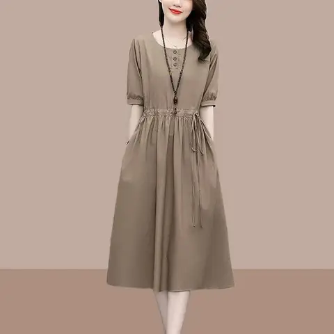 여성용 비대칭 A라인 미디 데님 원피스 - 큰 주머니, 버튼 디테일, 여름 블랙 15 여성용 솔리드 O넥 포켓 드로스트링 미디 드레스, 우아한 코튼 리넨 캐주얼 루즈한 편안한 드레스, 한국 패션 2022, 여름