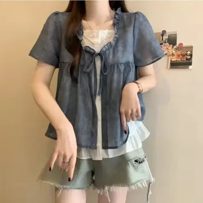 가을 겨울 우아한 여성용 V넥 레오파드 패턴 긴팔 블라우스 - 캐주얼 루즈핏 15 여성용 스플라이스 페이크 투피스 레이스 셔츠 2025 신상 여름 루즈핏 반팔 탑 패션 캐주얼 러플 블라우스 레이스업