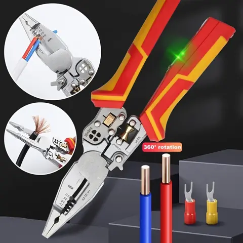 JRready JRDDS-N035040-01 단일 핀 터미널 추출 도구 17 전압 테스터가 포함된 9-In-1 스트리핑 플라이어 전기 측정 기능이 있는 다용도 와이어 스트리핑 플라이어 절단 압착 플라이어