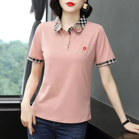 양면 유판 토끼털 극세사 두꺼운 담요 15 짧은 소매 여름 복장 자수 여성 폴로 셔츠 옷깃 여성 티 새로운 고품질 탑 헐렁한 캐주얼 버튼 티셔츠