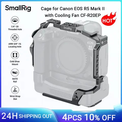 SmallHD Indie 5 / Cine 5 모니터용 Nitze 모니터 케이지 LS5-B2 선후드 키트가 포함된 콜드 슈 내장 21 캐논 EOS R5 마크 II용 스몰리그 케이지, 냉각 선풍기 CF-R20EP, Arca-Swiss 퀵릴리즈 플레이트, DJI 스태빌라이저-5092