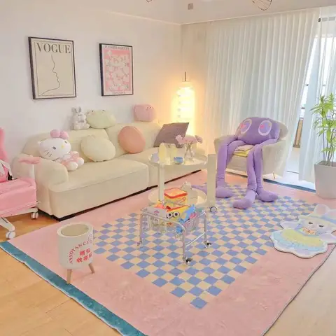 미니소 산리오 헬로키티 거실 & 놀이매트 - 아동용 카펫/바닥매트/욕실매트 13 크리 에이 티브 격자 무늬 카펫 귀여운 다채로운 기하학적 장식 깔개 편안한 부드러운 현대 거실 카펫 소녀 방 장식 깔개