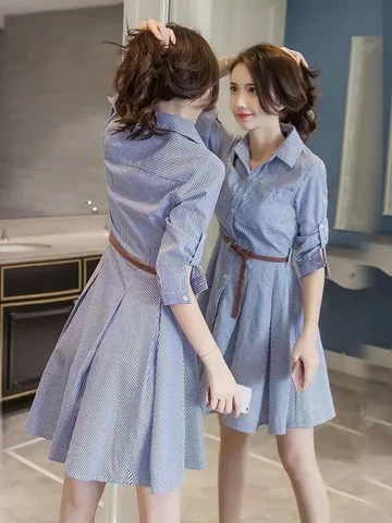 패션 셔츠 드레스 여름 신상 패션 슬림핏 세 개의 소매 블루와 화이트 스트라이프 셔츠 드레스 셔츠 원피스 드레스 셔츠 드레스